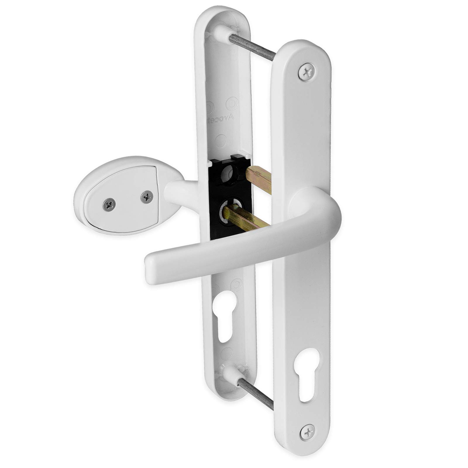 uPVC Door Handle 92mm 62mm Offset Lever Pad 210mm Fixings Sprung Pair Patio PVC White