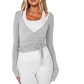 Women Wrap Top Long Sleeve Deep V Neck Cross Tie Workout Ballet Pilates Yoga Shirt