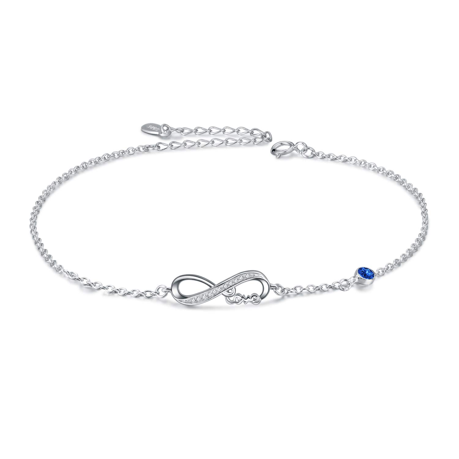 AOBOCO Infinity Ankle Bracelet for Women, 925 Sterling Silver Charm Adjustable Anklet (I-simulated sapphire_September Birthstone)