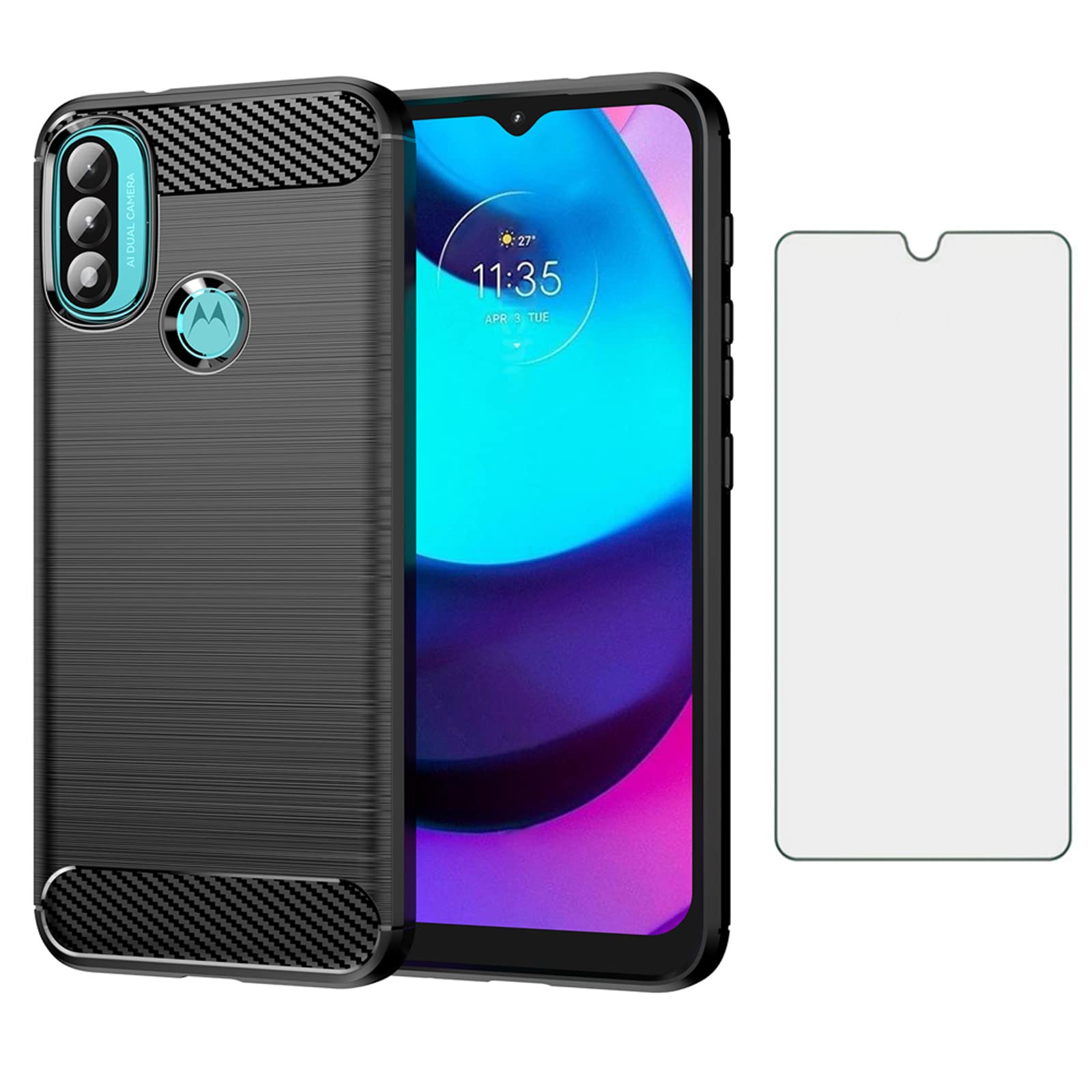 Asuwish Phone Case for Moto E20/E30/E40 and Tempered Glass Screen Protector with Cell Accessories Shockproof Soft Slim Silicone Thin Soft TPU Carbon Fiber XT2155 2021 Women Men Black