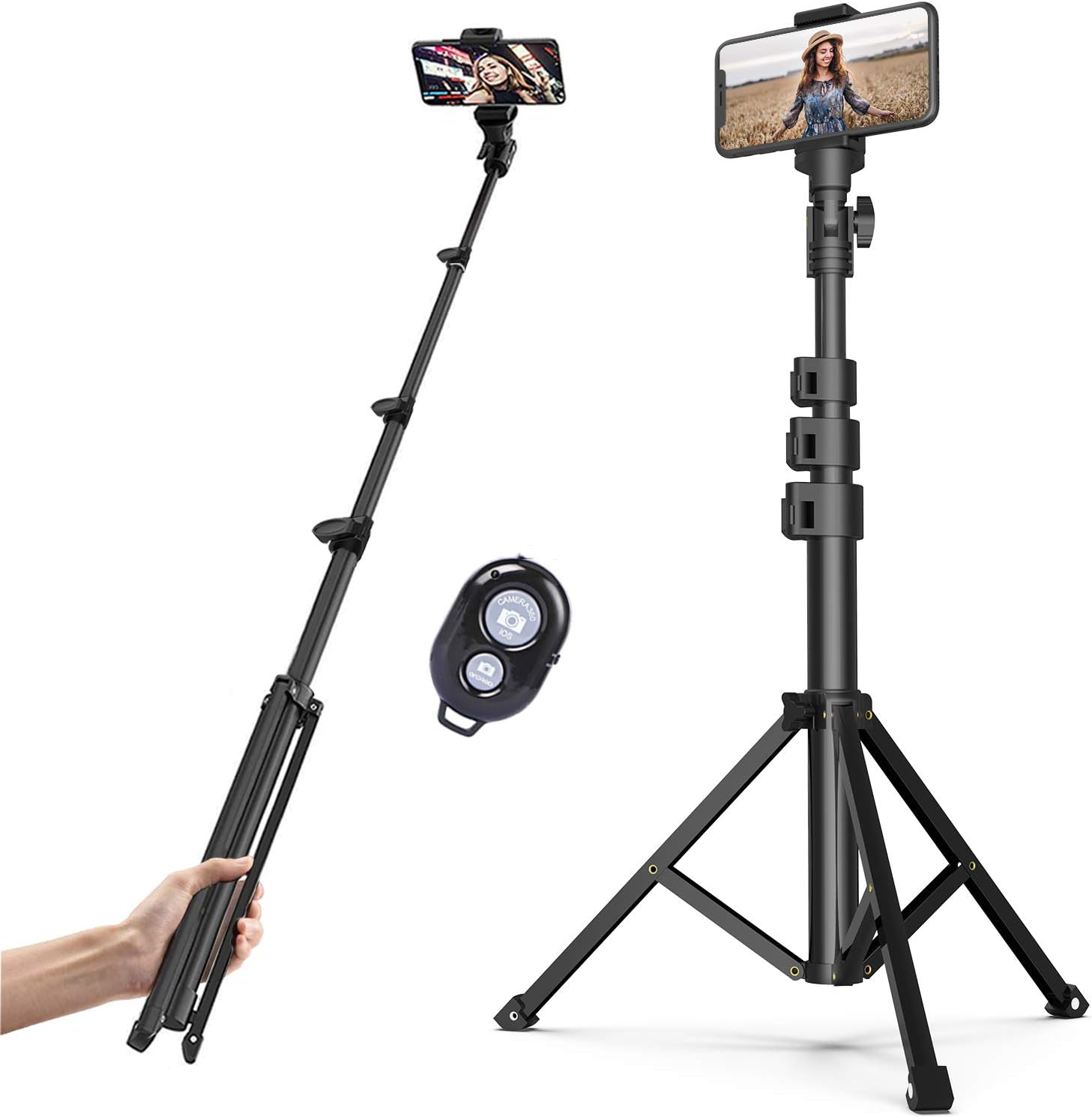 Professional 2 in 1 Selfie Stick Tripod, Extends to 51.6 inch Stable Travel Video Stand with Bluetooth Remote
