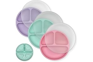Hippypotamus Toddler Plates with Suction - 100% Food-Grade Silicone Baby Plates with Lids - Microwave & Dishwasher Safe - BPA Free - Set of 3 (Pink/Mint/Lavender with LIDS)