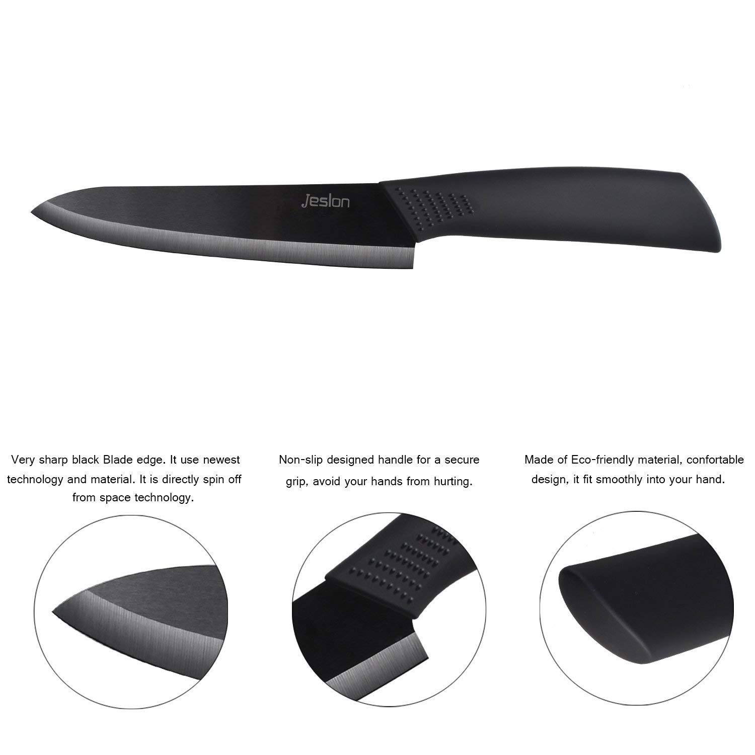 Jeslon Kitchen Knives Set, 5 Piece Ceramic Knives Black Blade 3inch Paring Knife, 4inch Fruit Knife, 5inch Utility Knife, 6inch Chef Knife and One Peeler