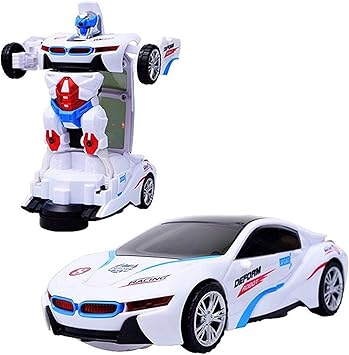 Toysale Battery Operated 2 in 1 Transform Robot Races Car Toy with Bright Lights and Music : Color : White