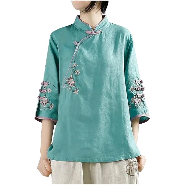 Chemisier Hanfu Femme Été - Tissu Coton/Ramie - Coupe Ample, Manches 3/4, Col V - Boutons Grenouille Chinois