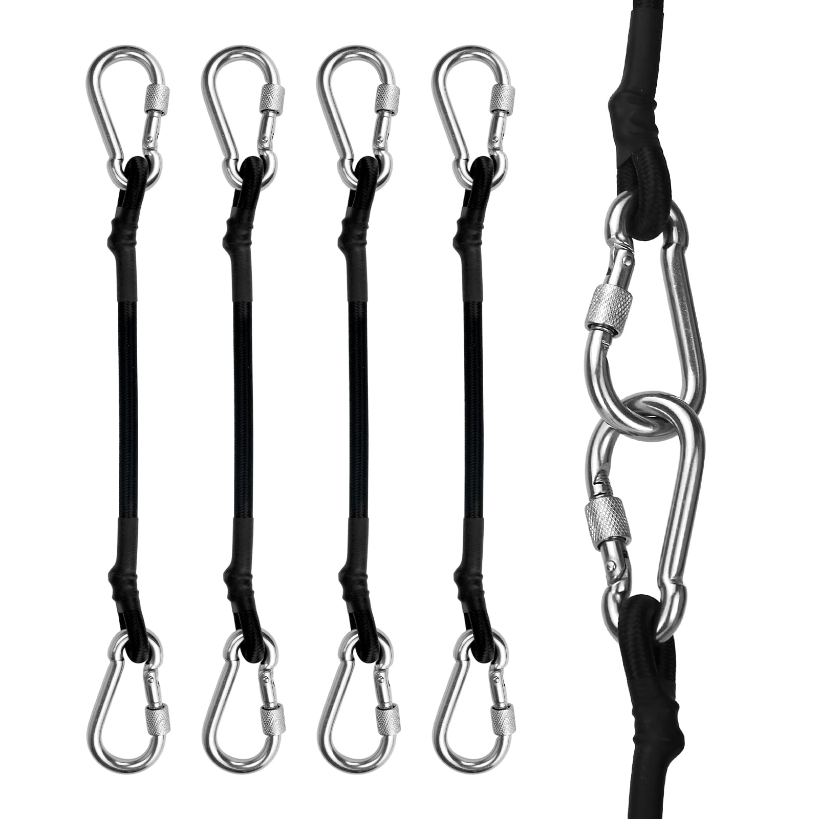 Photo 1 of 12 Inch Bungee Cord with Stainless Steel Screw Locking Carabiners, 4 Pack Superior Latex Heavy Duty Straps Strong Elastic Rope for Kayak Boat, Luggage Rack, Camping, Cargo, Bike (Black, 12'')