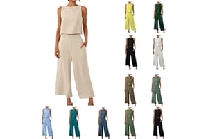 GENERIC Two Piece Linen Sets for Women 2 Piece Outfits Sets Summer Matching Sets Sleeveless Crop Tops Wide Leg Linen Pants Set