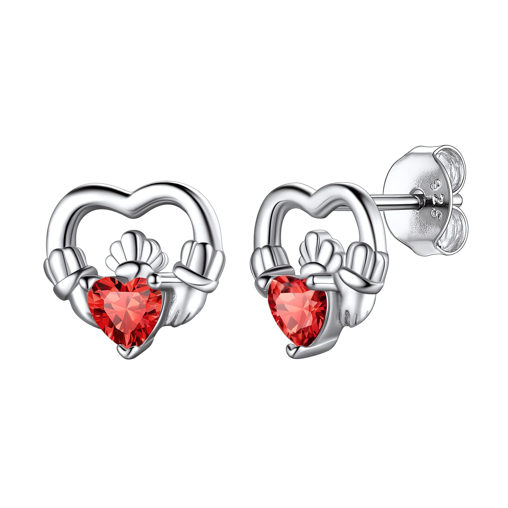 Hypoallergenic 925 Sterling Silver Claddagh Celtic Knot July Birthstone Red Ruby Earrings, Birth Stone Jewelry Dainty Cute Stud Heart Shaped Hoop Earrings for Women Teen Girls