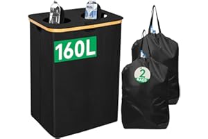 Chrislley 160L Recycling Bin for Kitchen, Double Recycle Bin with 2 Removeable Reusable Liner Bag, 42 Gallon Large Recycling Bin with Lid for Bottle Can Glass Waste Plastice Stickers,Black