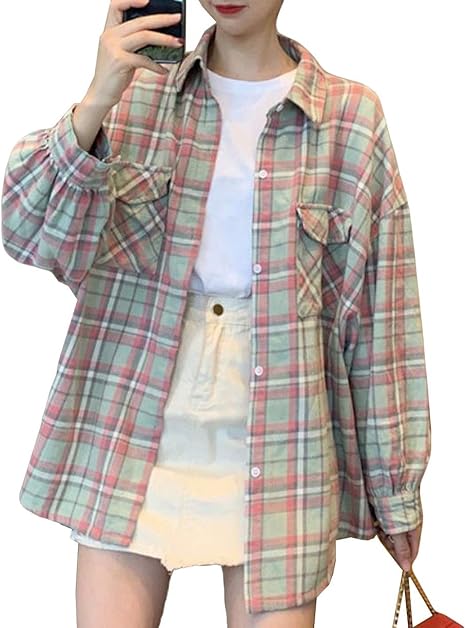 Amazon Baluote シャツ レディース シャツ 春 秋 長袖 薄手 チェックシャツ レディース ブラウス トップス チェック柄 アウトドア 通学 レディース ポロシャツ ゆったり 韓国風 シャツグリーン シャツ ブラウス 通販