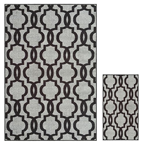 Kapaqua Rubber Backed 2-Piece Rug Set Fancy Moroccan Trellis Grey & Black Area Non-Slip Rug - Rana Collection Kitchen Dining Living Hallway Bathroom Pet Entry Rugs RAN204GRY-2PC - Thumbnail 7