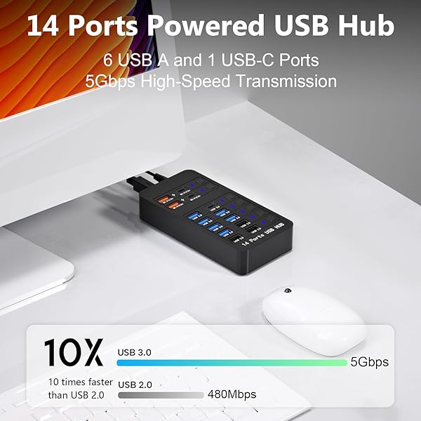 ZEROFFI POWERED USB HUB, 14 PORTS USB SPLITTER HUB (10 FASTER DATA TRANSFER PORTS+ 4 SMART USB CHARGING PORT) USB HUB WITH LED INDIVIDUAL ON/OFF SWITCHES FOR PC, LAPTOP, DESKTOP