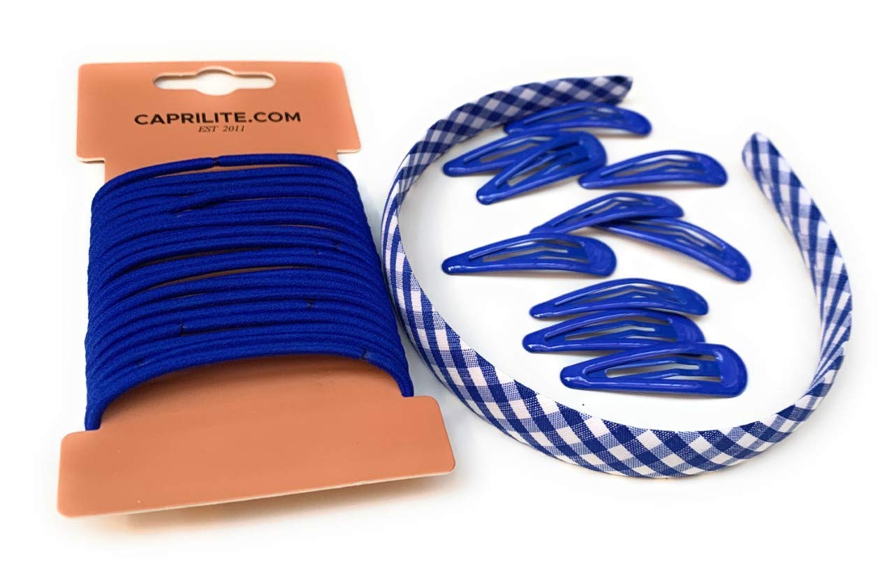 Mega Girls' School Hair Accessories Bundle Set - Gingham Checked Headband Snap Clips Bobbles Hairbands (Royal Blue)