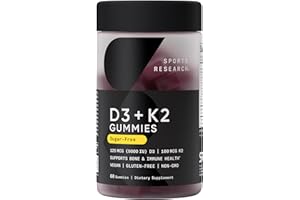 Sports Research® Vegan Vitamin D3 + K2 Gummy Supplements - 5000iu Vitamin D with 100mcg Mk7 Vitamin K - Supports Bone& Immune Health* - 60 Gummies for Adults, for Women, 1 Month Supply