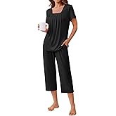 Ekouaer Pajama Set for Women Short Sleeve Top With Capri Pants Pjs 2 Piece Square Neck Loungewear Soft Sleepwear with Pockets