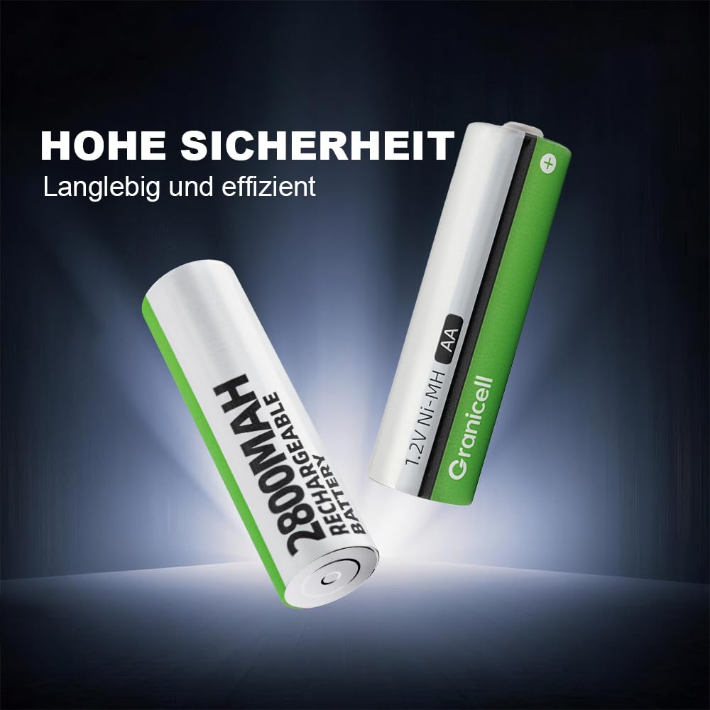 Granicell Akku AA Wiederaufladbare Batterien 2800 mAh Akkubatterien Hohe Kapazität 1500 Zyklen, 1.2V NiMH Aufladbare Batterien AA, 12er Pack 4