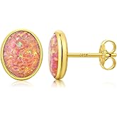 Jiahanzb Opal Stud Earrings for Women Men, 925 Sterling Silver Hypoallergenic Earrings, Round & Oval Bezel Set Created Opal, Multi-Color Jewelry Gift (White/Red/Blue/Green)