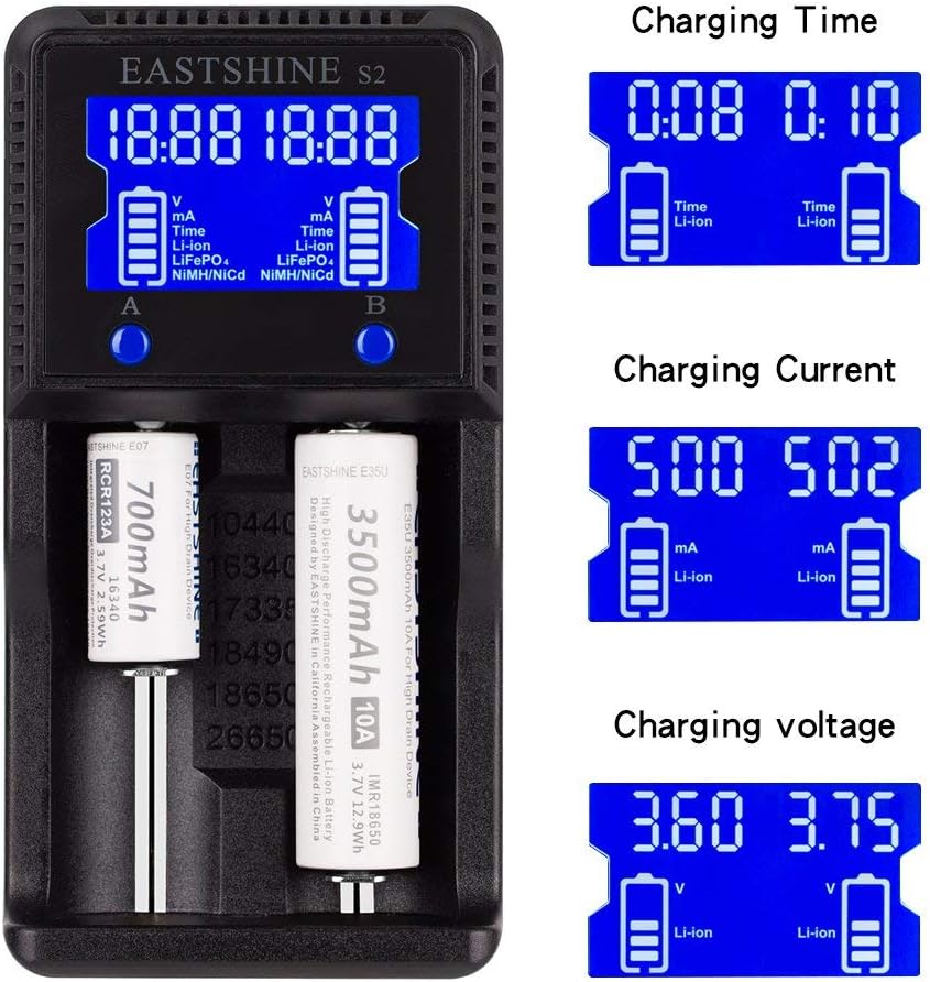 Universal Battery Charger EASTSHINE S2 LCD Display Speedy Smart Charger for Rechargeable Batteries Ni-MH Ni-Cd AA AAA Li-ion LiFePO4 IMR 10440 14500 16340 18650 RCR123 26650 18500 17670 & Car Adapter: Electronics