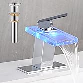 AVSIILE LED Bathroom Sink Faucet, Chrome Waterfall Single Hole Handle Vanity Faucets for Sinks 1 Hole with Metal Pop Up Drain and 2 Water Supply Lines, Open Glass Spout