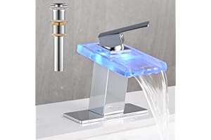 AVSIILE LED Bathroom Sink Faucet, Chrome Waterfall Single Hole Handle Vanity Faucets for Sinks 1 Hole with Metal Pop Up Drain and 2 Water Supply Lines, Open Glass Spout