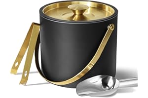 Bakpoco 3L Ice Bucket with Silicone Lid, Scoop, Gold Tongs & Strainer, Stainless Steel Double Wall Insulated Ice Buckets for 