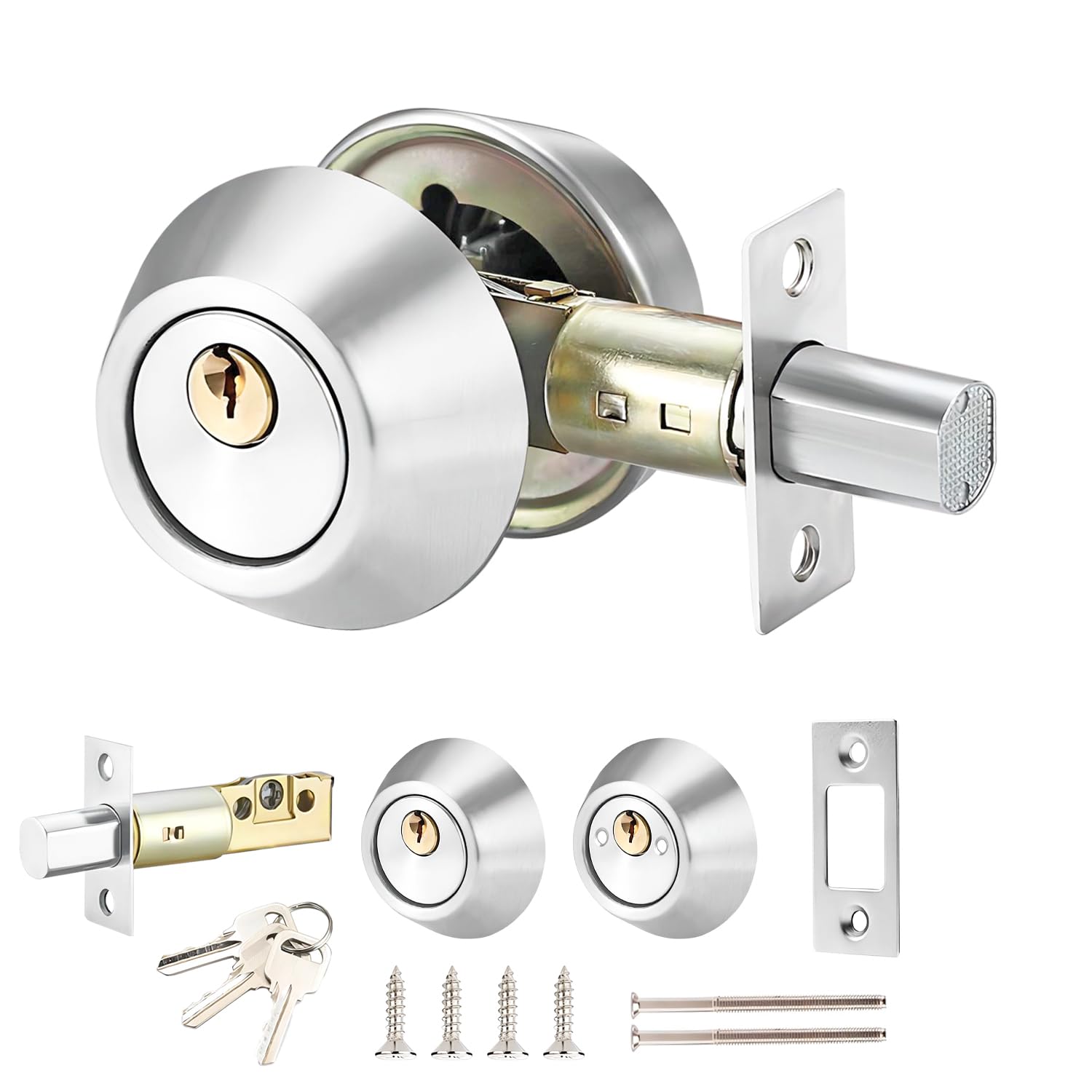 Qrity Cylinder Security Lock with Keys on Both Side, Double Cylinder Deadlock, Brass + Stainless Steel, with 3 Keys, Door Bolt with Lock for Home, Office