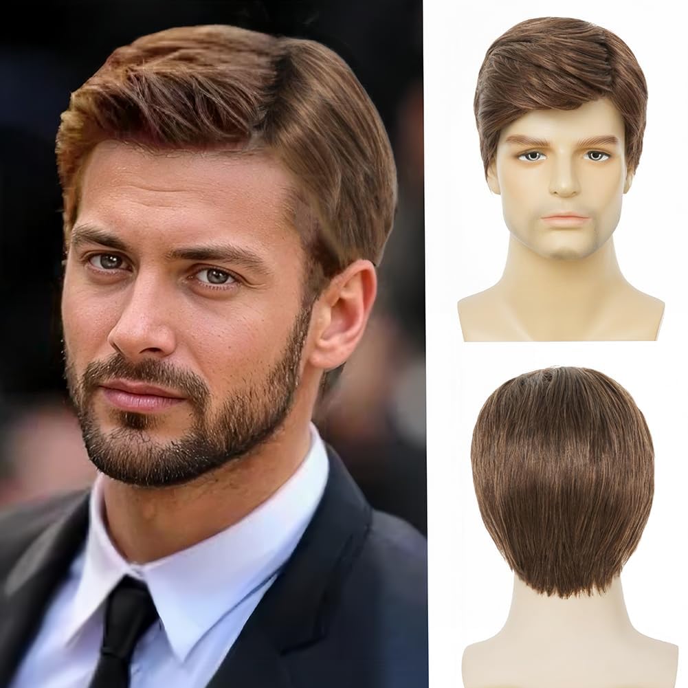 Salaibs Mens Brown Short Wigs Natural Side Part Synthetic Fibre Hair Wig for Daily Use