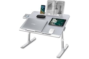 NEARPOW XXL Bed Table Desk for Laptop and Writing, Adjustable Computer Tray Laptop Stand for Bed or Sofa with Anti-slip Leather, Removable Stopper, Book Stand and Drawer - Gray