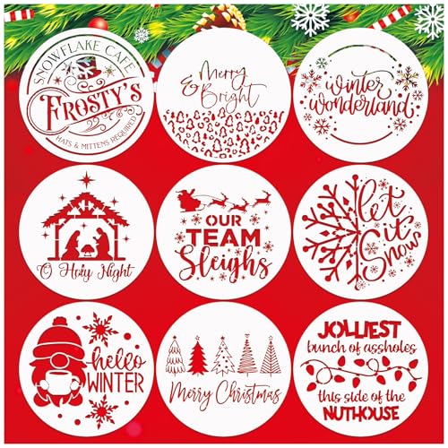 Huahui 9 Pcs Large Christmas Stencils for Painting on Wood Reusable 12 Inch Round Let It Snow Templates Merry Christmas Stencils for Wood Sign Door Hanger (9 Christmas), white clear