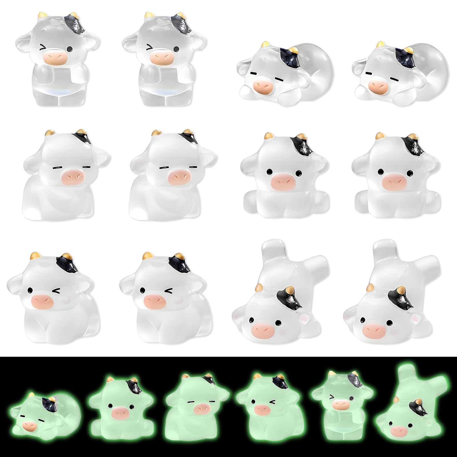 DAVBNM 12 Pcs Mini Cow Figurines, Tiny Resin Luminous Animals, Little Miniature Figures Animal for Fairy Garden Landscape Home Dollhouse Decor Party Cake Headbands DIY