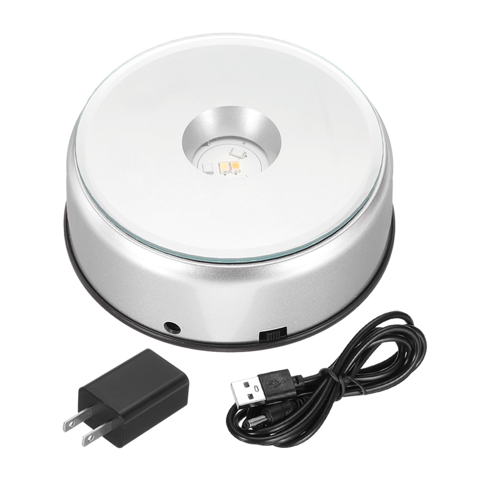 PATIKIL 3.5" x 3.9" Cup Display Spinner Stand, Colorful 360 Degree Rotating Crystal LED Light Display Base with USB Cable for Displaying Cup, Silver Tone