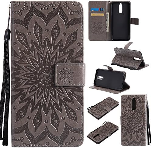 Huawei Mate 10 Lite Case Cover,SMYTU Premium Emboss Sunflower Flip Wallet Shell PU Leather Magnetic Cover Skin with Wrist Strap Case For Huawei Mate 10 Lite(Grey)