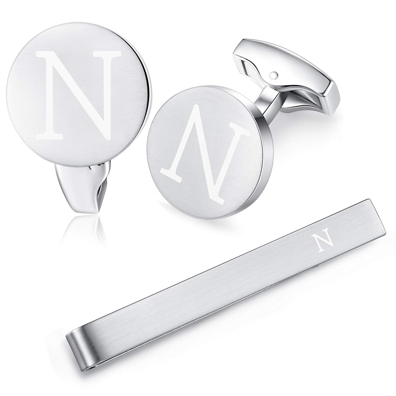 HONEY BEAR Initial Alphabet Letter Cufflinks Tie Clip Set for Mens - Brushed Silver Round Stainless Steel, for Business Wedding Gift,5.4cm (N)