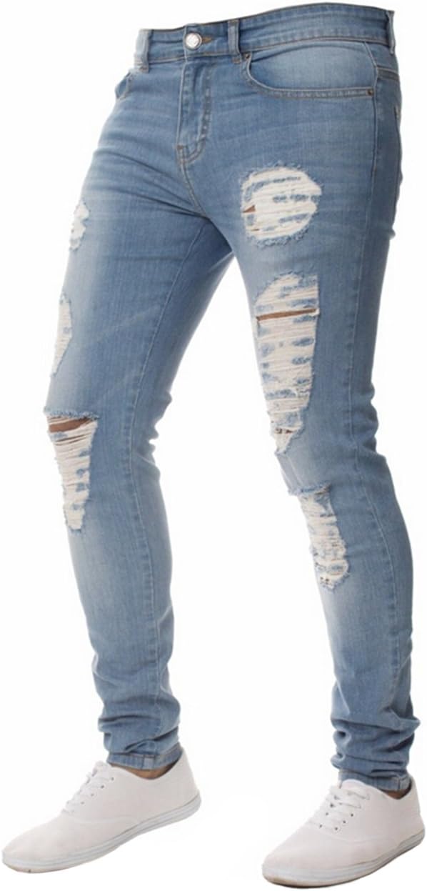 Men's Stretchy Ripped Skinny Biker Jeans Slim Fit Denim Pants Destroyed Hole