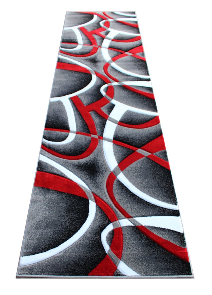 Masada Rugs, Sophia Collection Hand Carved Area Rug Modern Contemporary Red White Grey Black (2 Feet 8 Inch X 10 Feet) Runner