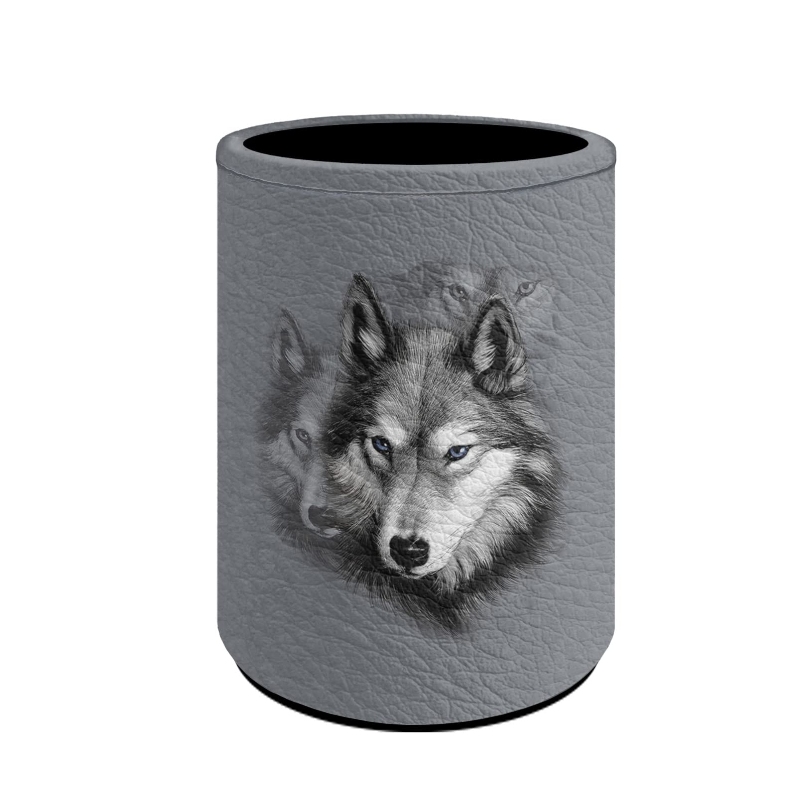 Kuiaobaty Grey Wolf Print Student Round Large Capacity Pencil Holder Leather Pen Pot for Home Classroom