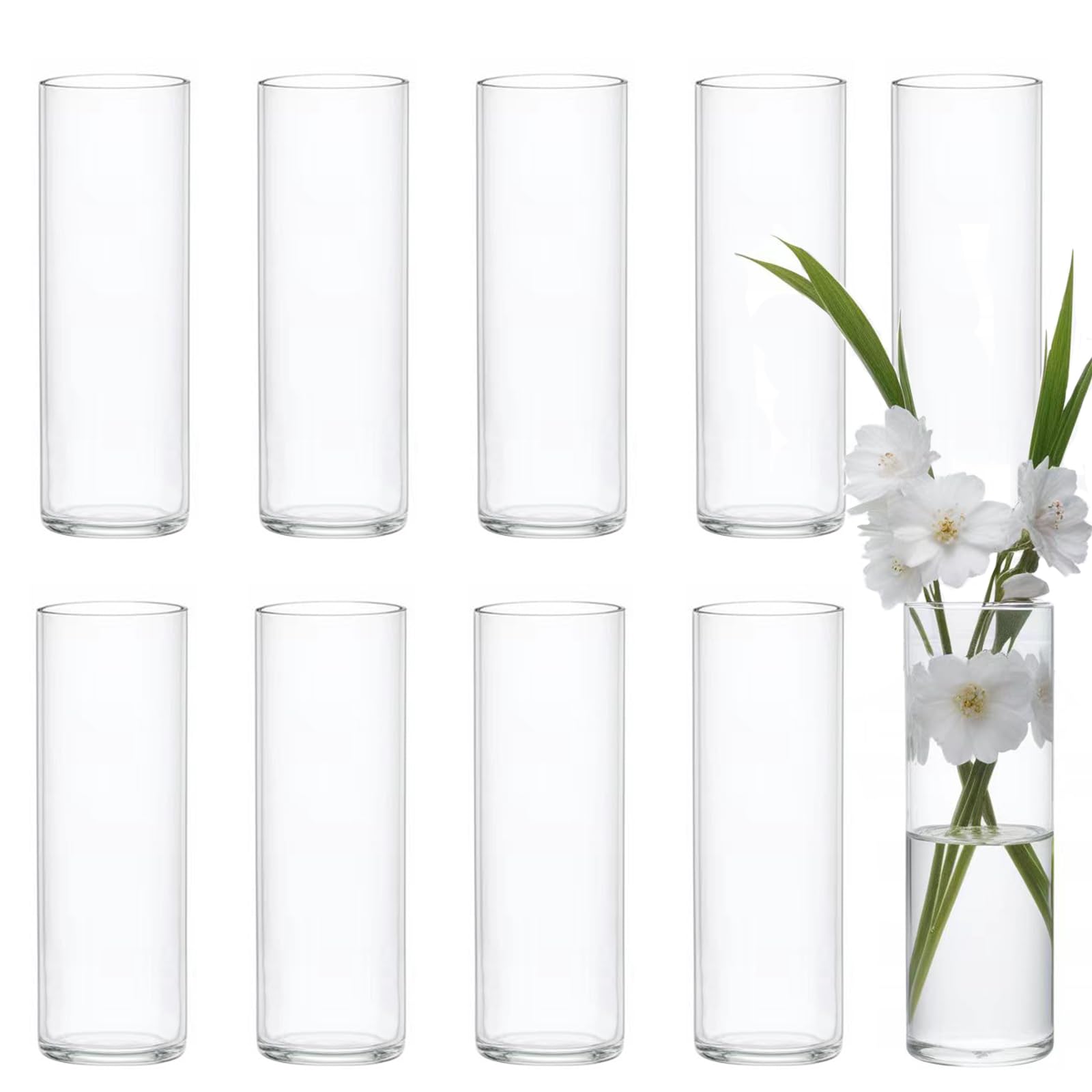 Photo 1 of 10 Pack Glass Vases for Centerpieces, 8 Inch Tall Small Clear Glass Flower Vase Cylinder Vases for Centerpieces Wedding Home Table Decor