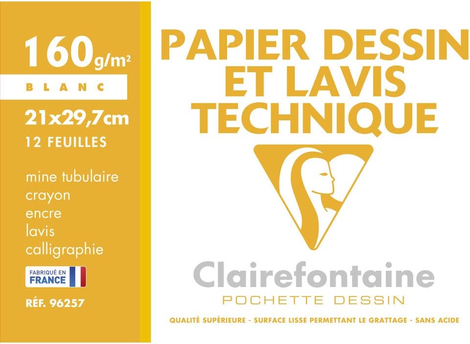 Clairefontaine, Ref 96257C, Technical Drawing Paper (Pack of 12 Sheets), A4 (210 x 297mm) in Size, 160gsm Paper