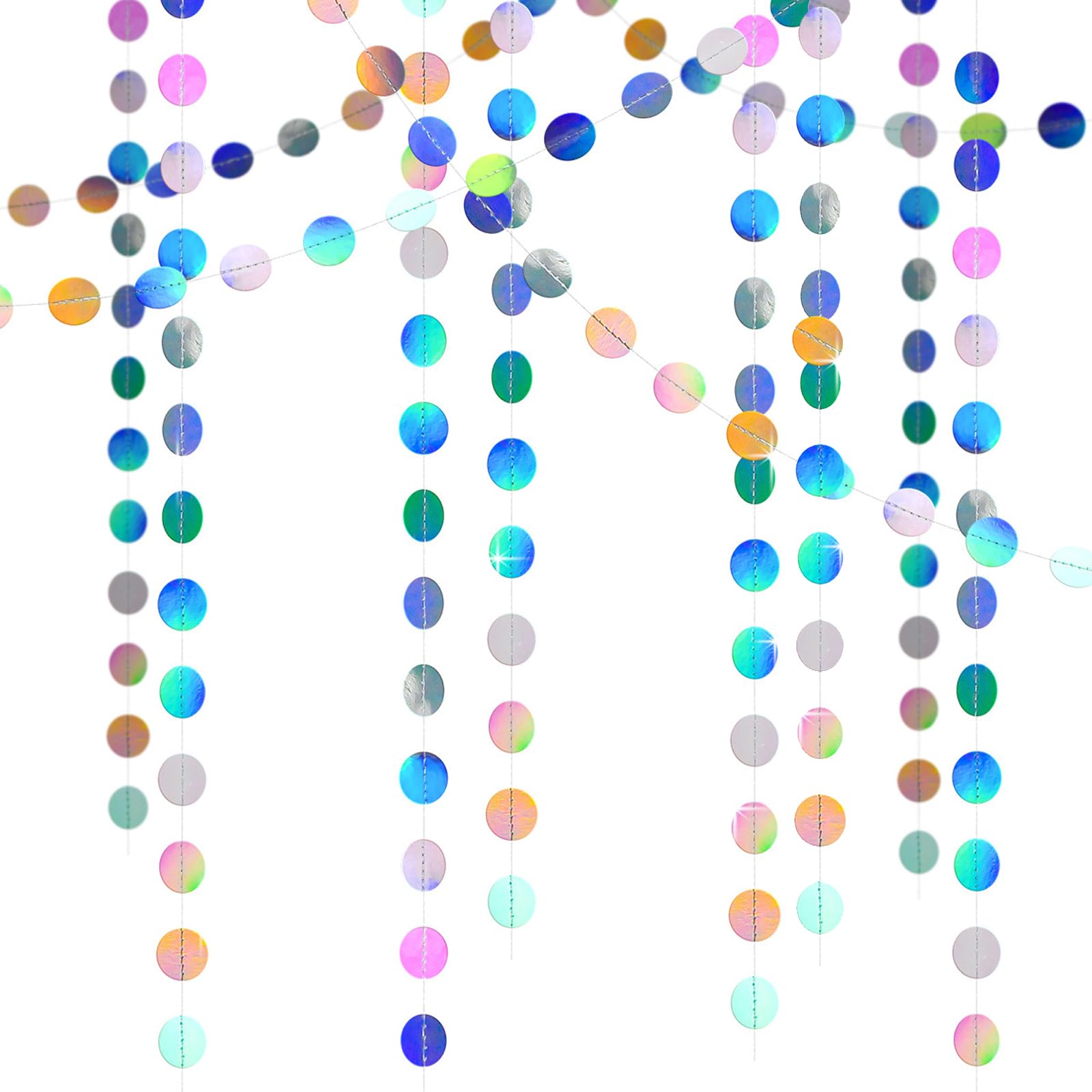 GWAWG 4PCS Iridescent Circle Dot Streamer Garland, Rainbow Twinkle Paper Banner Backdrop, Round Paper Garlands, Sparkling Hanging Decorations for Party Decoration