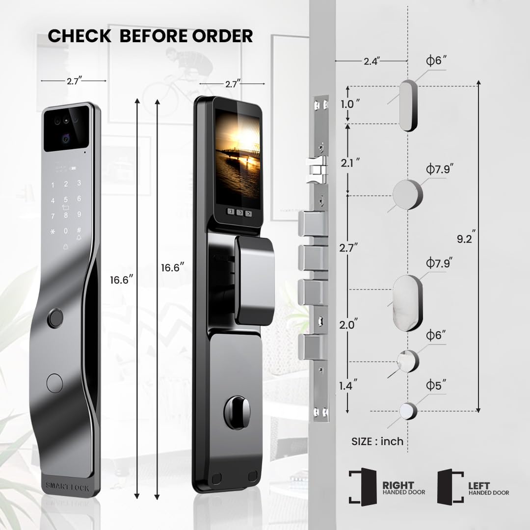 Smart Door Lock with 3D Face Recognition & 1080P Camera – Keyless Entry via Face ID, Palm Ve, Fingerprint, App, Code, IC Card & Key | WiFi, Auto-Lock, Alexa & Tuya Compatible