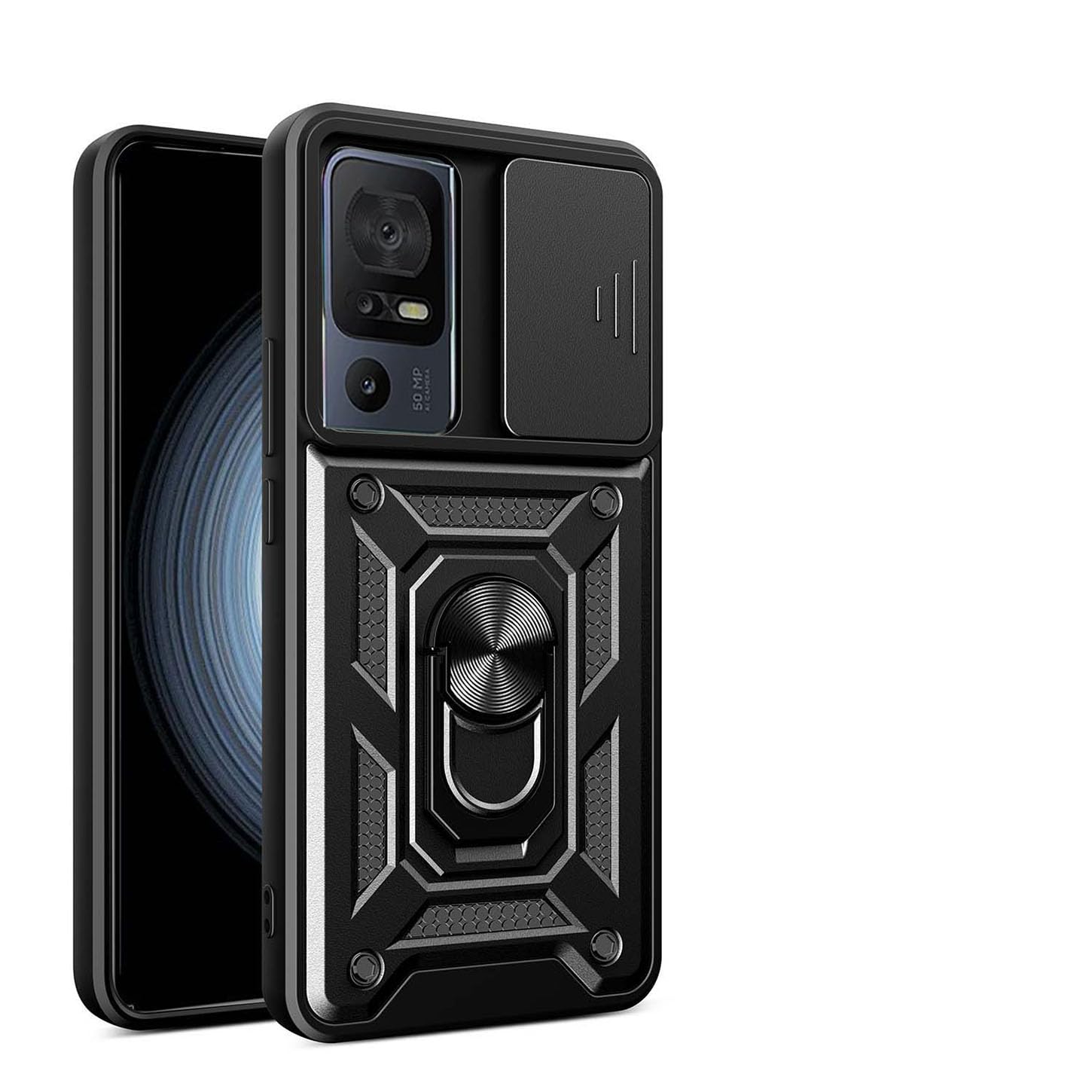 ILING Case for TCL 40 SE (TCL 40SE), Ultra-thin Matte Texture Hard PC + Soft Silicone TPU Bumper Shockproof Heavy Duty Cover, with Ring Kickstand & Slide Camera Cover (Black)