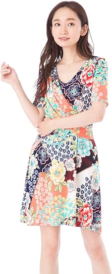 Amazon ファス Fas ワンピース T1 T2 T3サイズ 半袖 花柄 膝丈 大人ワンピース レディース Vネック ジャージー 上品 大きいサイズ Fille A Suivre ワンピース チュニック 通販