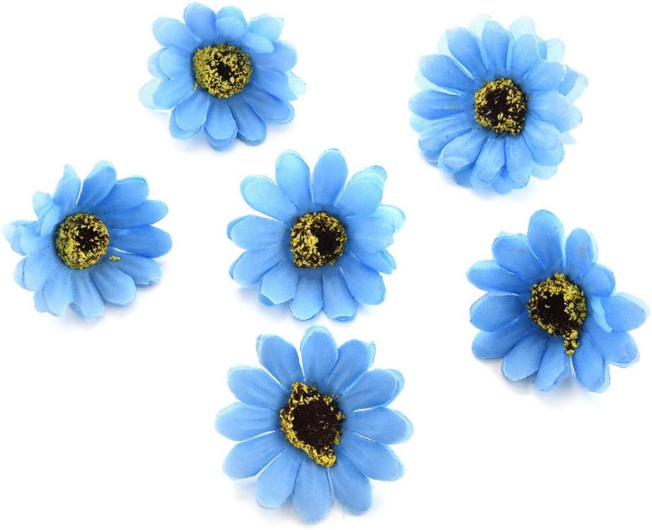 Fake flower heads in bulk wholesale for Crafts Silk Sunflower Daisy Roses Handmake Artificial Flower Heads Home Wedding Decoration DIY Wreath Decor Gift Box Scrapbooking 50pcs 5cm (Blue)