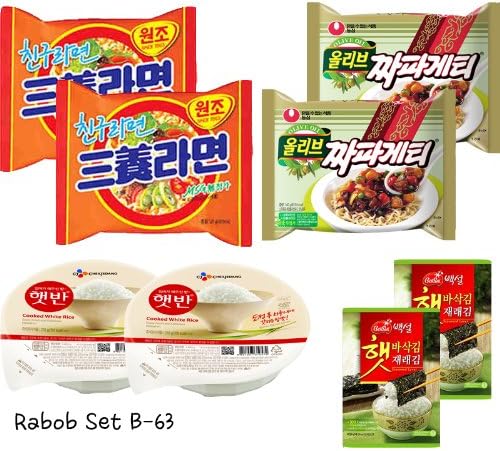 Rabob Set B-63(SamYang Ramen x2, Chapaghetti x2, Cooked White Rice x2, Crispy Toasted Seaweed x2) ๋ผ๋ฐฅ ์ธํธ B-63 (์ผ์ ๋ผ๋ฉด x2, ์งํ๊ฒํฐ x2, ํ๋ฐ x2,๋ฐฑ์ค ๋์๋ฝ ๊น x2)