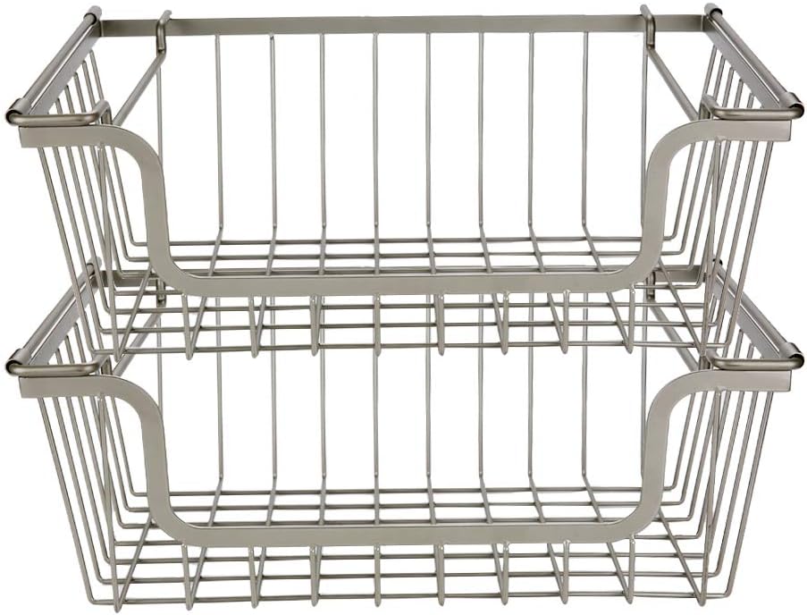 XBEII Stackable Metal Storage Organizer Basket With Handles,Open Design,Waterproof And Antirust for Bedroom Bathroom Kitchen Cabinet & Pantry Storage (2)