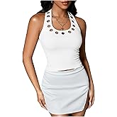 MakeMeChic Women's Y2k Backless Halter Crop Tops Grommet Eyelet Sleeveless Cami Tank Top