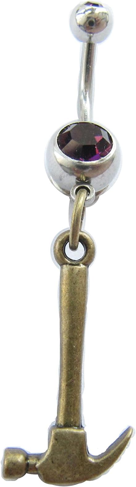 Miniature Hammer Belly Button Ring, Crystal Belly Rings,Tool. Builder Charm, Jeweled Navel Ring