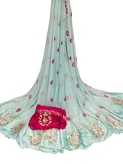 Pure Georgette Viscos Zari Paiping Gulti Bandhej Gota Patti Work Saree With Contrast Blouse -P078