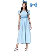 Halloween Women Adult Peater Pan Cosplay Costume Darling Short Puff Sleeve Princess Blue Maxi Dress with Bow Belt S