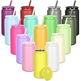 16oz Stainless Steel Can Tumblers, 16 Pack Insulated Beer Can Glass Cups with Lids and Straws, Iced Coffee Cup for Smoothie, Juice, Soda, Milk, Multiple colors